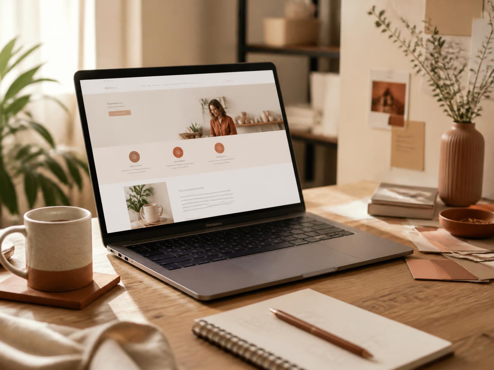A simple, clean one-page website open on a laptop on a sunlit desk